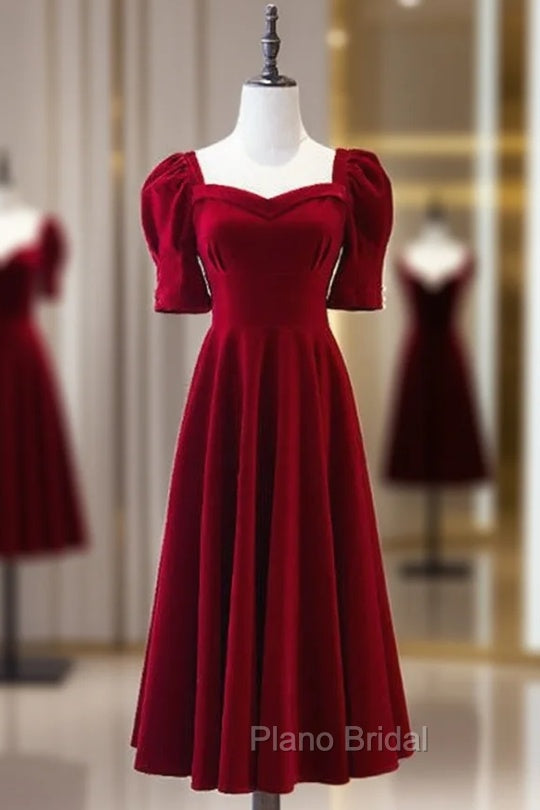 Burgundy Square Short Sleeve Tea Length Formal Prom Dresses Main image