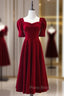 Burgundy Square Short Sleeve Tea Length Formal Prom Dresses