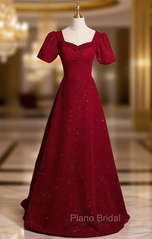 Burgundy Square Square Puff Sleeve Button Formal Prom Dresses Main image