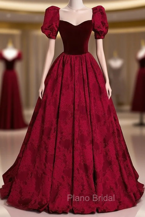 Burgundy Square Square Puff Sleeve Formal Prom Dresses