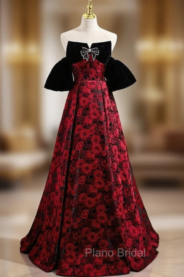 Burgundy Strapless Black Velvet Formal Prom Dresses Main image