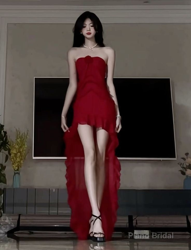 Burgundy Strapless High Low Prom Dresses, Formal Evening Dresses Secondary image