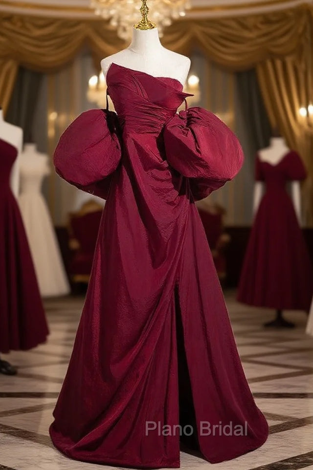 Burgundy Strapless Pleats Puff Sleeve Formal Prom Dresses Main image
