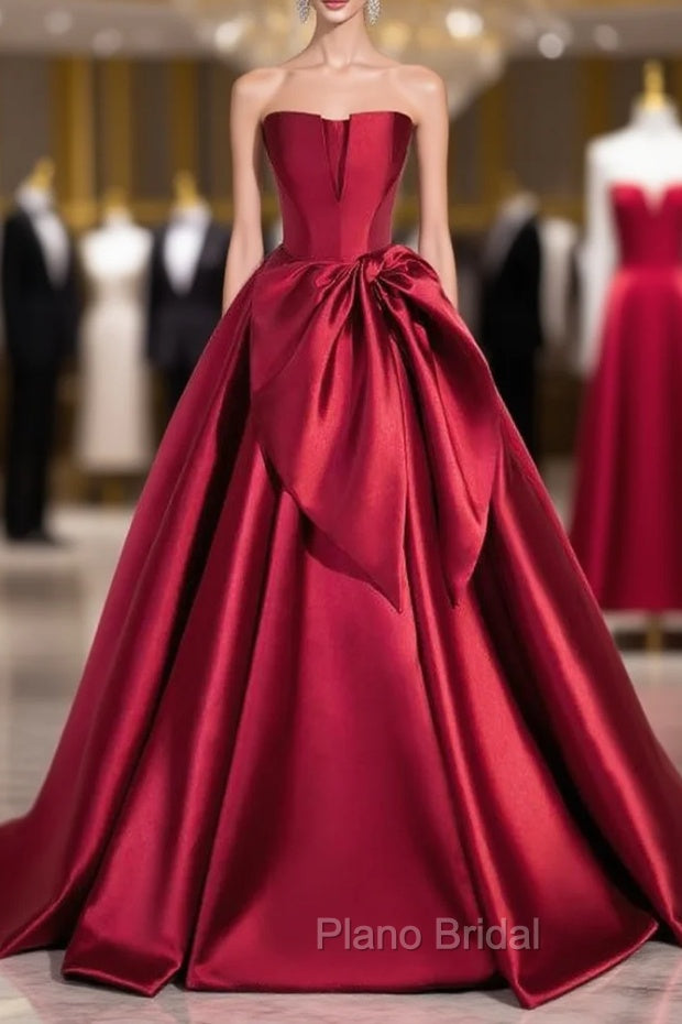 Burgundy Strapless Satin Bow Formal Prom Dresses