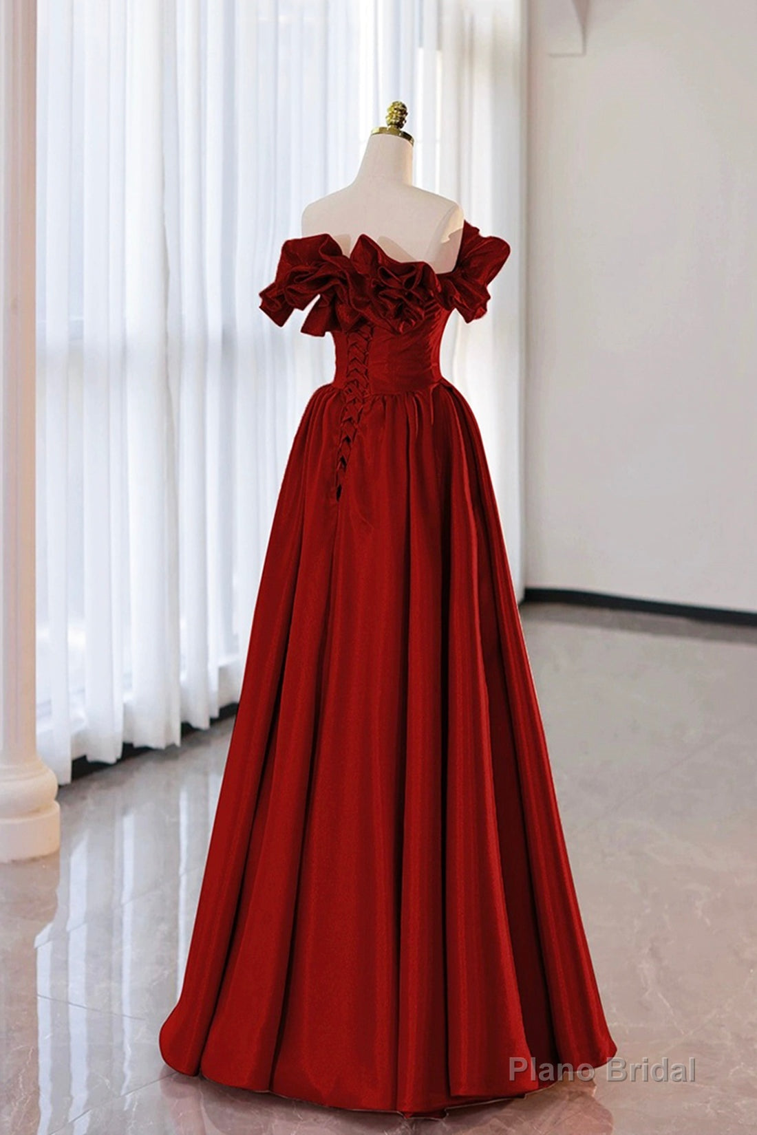 Burgundy Strapless Satin Long Prom Dress, A-Line Evening Party Dress Main image