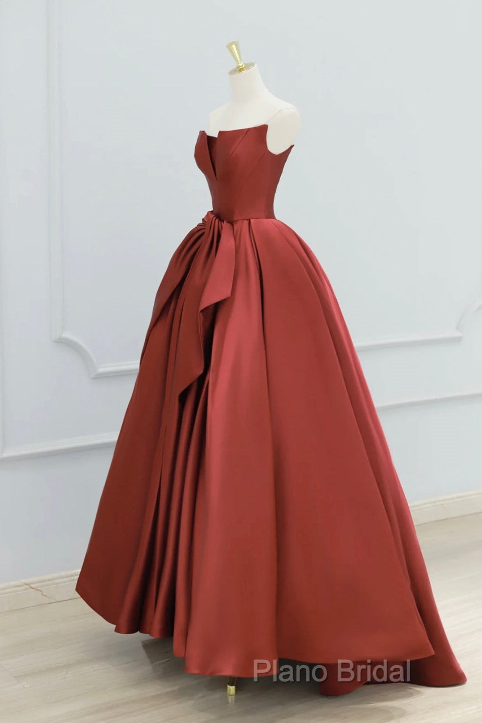 Burgundy Strapless Satin Long Formal Prom Dresses, Beautiful A-Line Formal Party Dresses