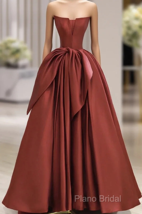Burgundy Strapless Satin Long Formal Prom Dresses, Beautiful A-Line Formal Party Dresses Main image