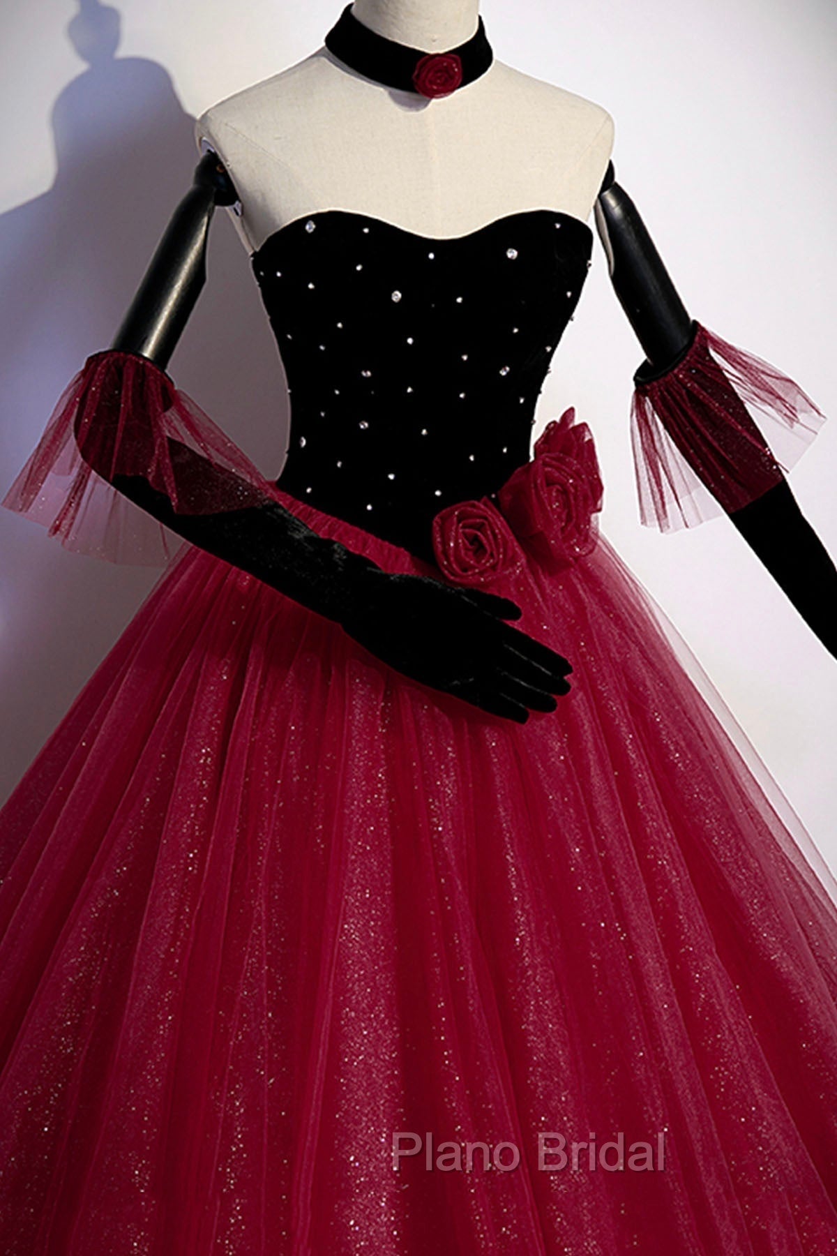 Burgundy Strapless Tulle Long Formal Prom Dresses, A-Line Evening Party Dresses