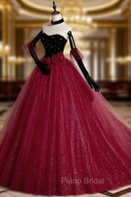 Burgundy Strapless Tulle Long Formal Prom Dresses, A-Line Evening Party Dresses