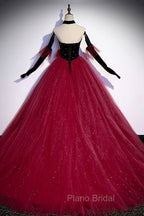 Burgundy Strapless Tulle Long Formal Prom Dresses, A-Line Evening Party Dresses
