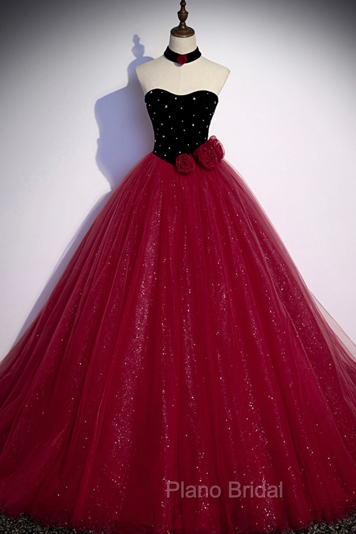 Burgundy Strapless Tulle Long Formal Prom Dresses, A-Line Evening Party Dresses