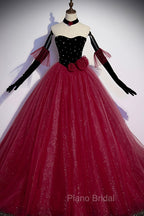 Burgundy Strapless Tulle Long Formal Prom Dresses, A-Line Evening Party Dresses