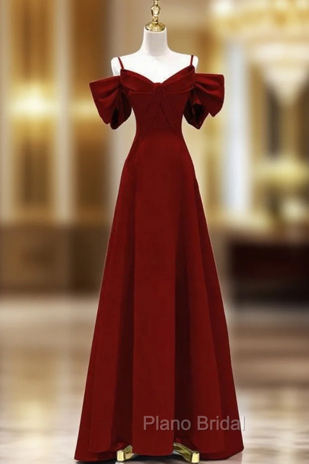 Burgundy Straps Bow Formal Prom Dresses Main image