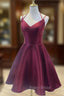 Burgundy Straps V-neckline Short Party Dresses , Lovely Satin Homecoming Dresses