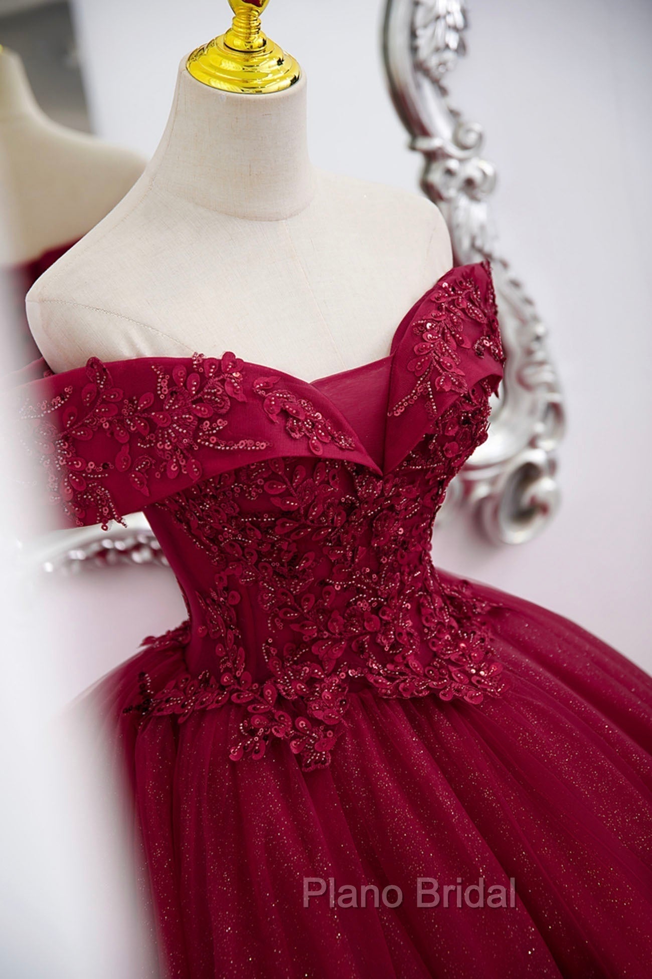 Burgundy Sweet 16 Formal Gown with Lace, Off the Shoulder Formal Prom Dresses Party Dresses