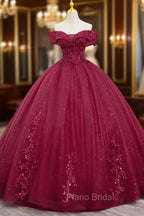 Burgundy Sweet 16 Formal Gown with Lace, Off the Shoulder Formal Prom Dresses Party Dresses
