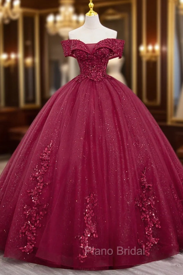 Burgundy Sweet 16 Formal Gown with Lace, Off the Shoulder Formal Prom Dresses Party Dresses