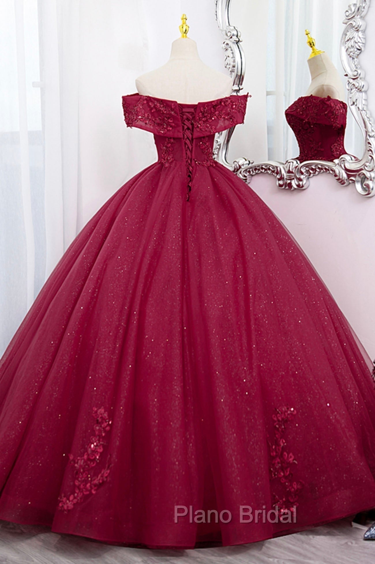 Burgundy Sweet 16 Formal Gown with Lace, Off the Shoulder Formal Prom Dresses Party Dresses