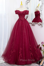 Burgundy Sweet 16 Formal Gown with Lace, Off the Shoulder Formal Prom Dresses Party Dresses