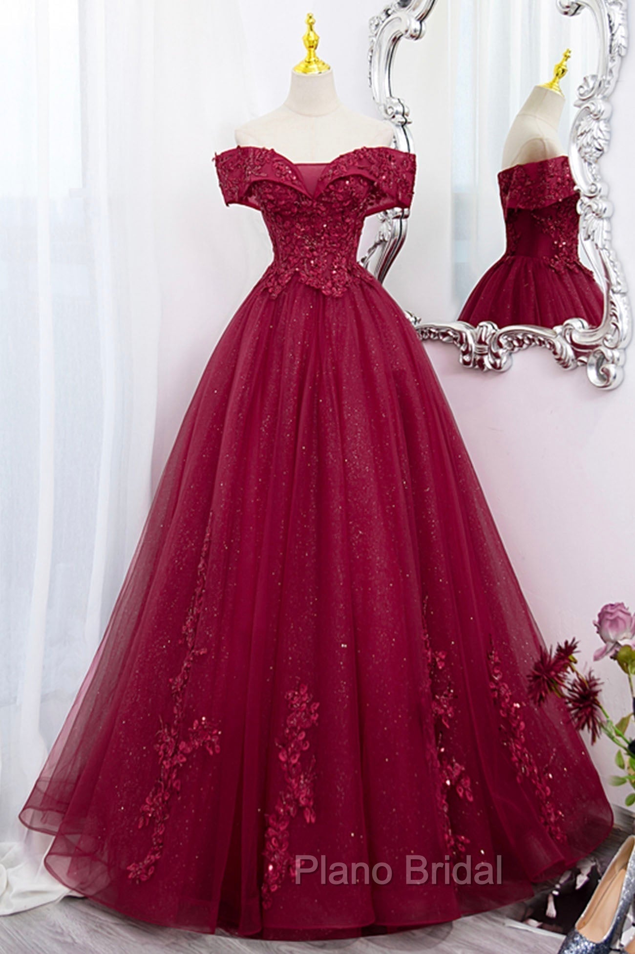 Burgundy Sweet 16 Formal Gown with Lace, Off the Shoulder Formal Prom Dresses Party Dresses