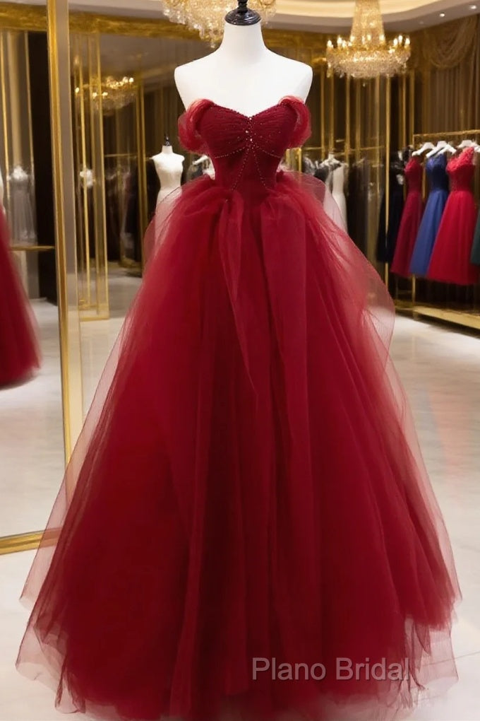 Burgundy Sweetheart Ball Gown Tulle With Beaded Formal Prom Dresses, Burgundy Party Dresses Main image
