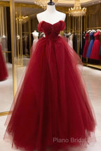 Burgundy Sweetheart Ball Gown Tulle With Beaded Formal Prom Dresses, Burgundy Party Dresses