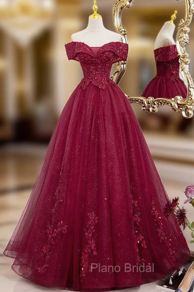 Burgundy Sweetheart Flowers Sequins Lace Party Dresses, Long Formal Dresses Formal Prom Dresses Main image