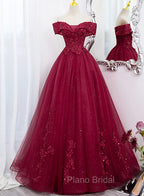 Burgundy Sweetheart Flowers Sequins Lace Party Dresses, Long Formal Dresses Formal Prom Dresses