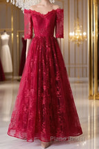 Burgundy sweetheart lace long Formal Prom dress, burgundy evening dress
