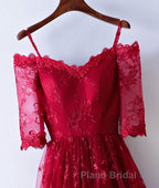 Burgundy sweetheart lace long Formal Prom dress, burgundy evening dress