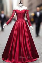 Burgundy Sweetheart Lace Satin Long Formal Prom Dresses Burgundy Evening Dresses
