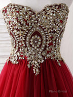 Burgundy Sweetheart Neck Lace Applique Tulle Long Prom Dresses