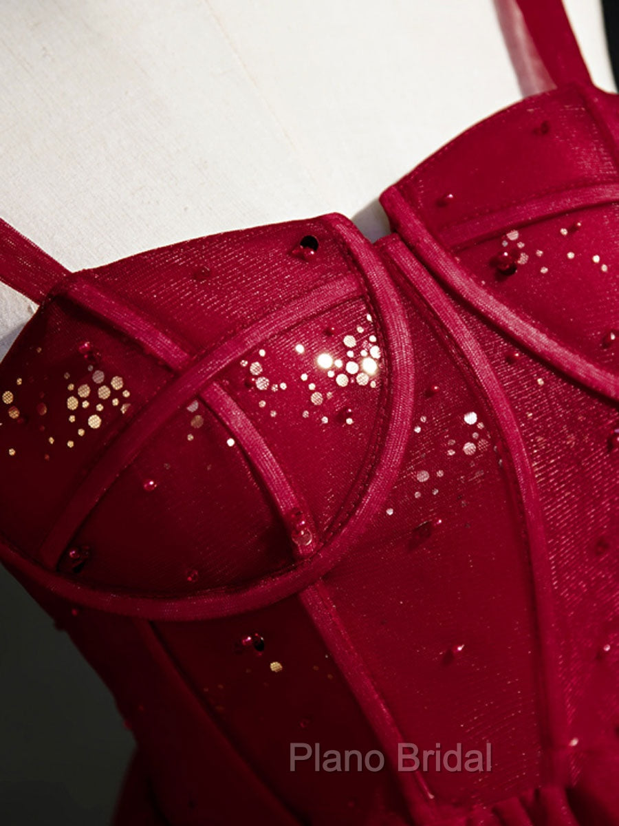 Burgundy Sweetheart Neck Tulle Sequin Short Formal Prom Dresses, Puffy Cute Homecoming  Dresses