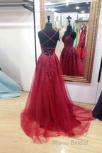 Burgundy sweetheart tulle lace long Formal Prom dress formal dress
