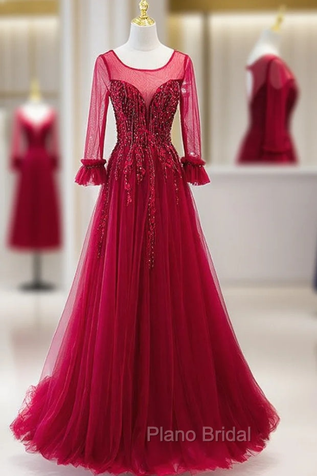 Burgundy Tulle Appliques Beading Backless Formal Prom Dresses