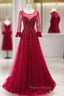 Burgundy Tulle Appliques Beading Backless Formal Prom Dresses