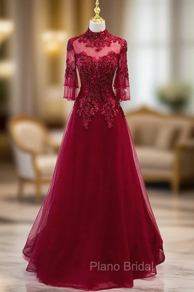 Burgundy Tulle Appliques Beading Short Sleeve Formal Prom Dresses Main image