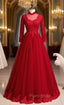 Burgundy Tulle Appliques High Neck Long Sleeve Formal Prom Dresses