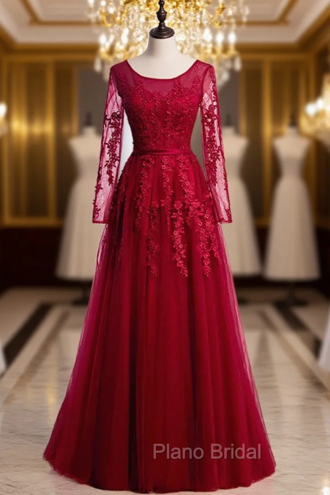 Burgundy Tulle Appliques Long Sleeve Formal Prom Dresses Main image