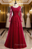 Burgundy Tulle Appliques Long Sleeve Formal Prom Dresses