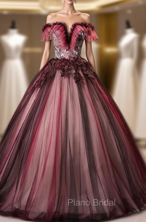 Burgundy Tulle Appliques Quinceanera Dresses