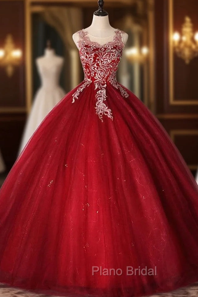 Burgundy Tulle Backless Appliques Quinceanera Dresses Main image