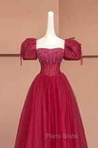 Burgundy Tulle Beaded Floor Length Formal Prom Dresses, A-Line Short Sleeve Evening Dresses