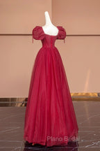 Burgundy Tulle Beaded Floor Length Formal Prom Dresses, A-Line Short Sleeve Evening Dresses