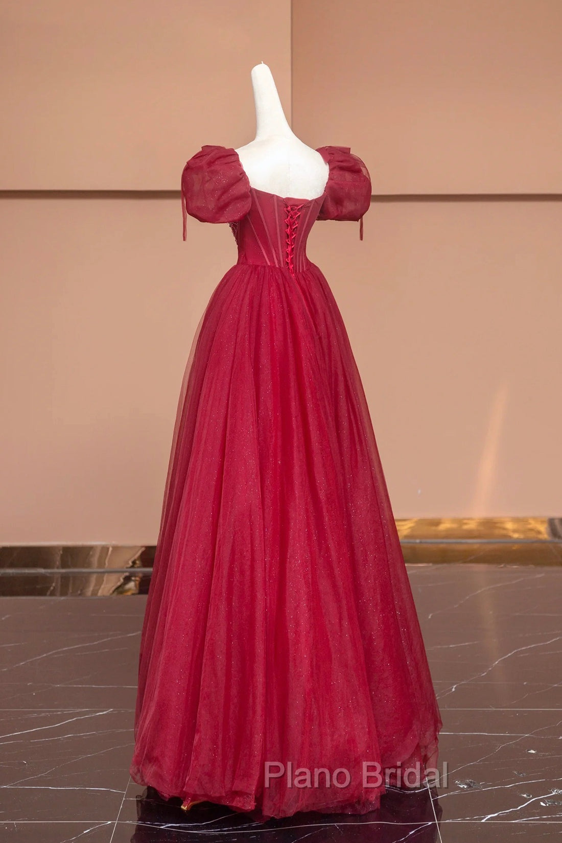 Burgundy Tulle Beaded Floor Length Formal Prom Dresses, A-Line Short Sleeve Evening Dresses