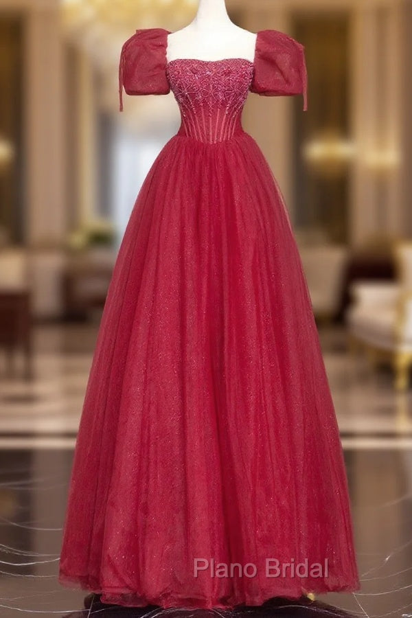 Burgundy Tulle Beaded Floor Length Formal Prom Dresses, A-Line Short Sleeve Evening Dresses Main image
