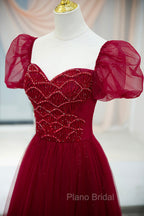 Burgundy Tulle Beaded Long Formal Prom Dresses, A-Line Short Sleeve Evening Dresses