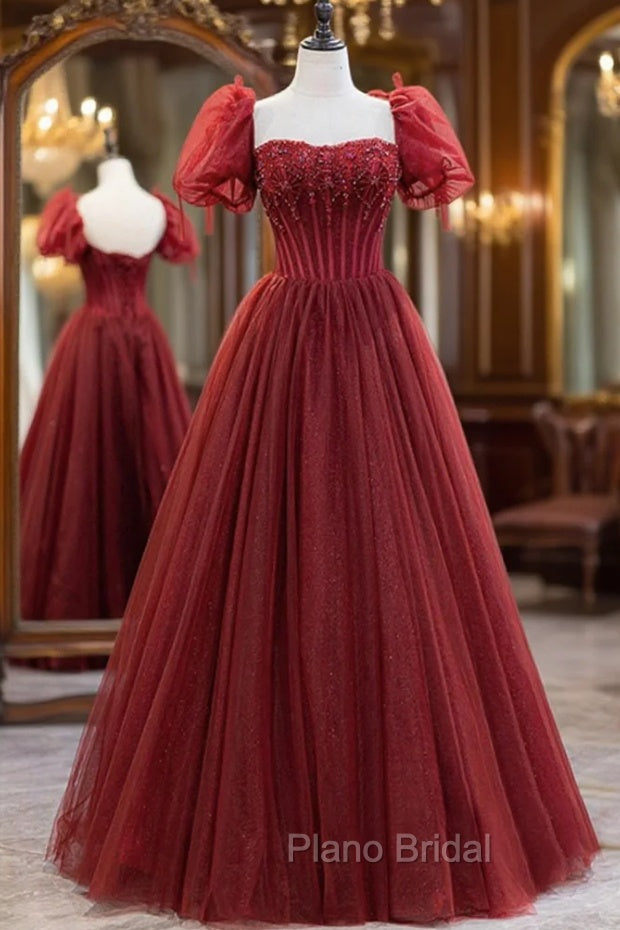 Burgundy Tulle Beaded Long Formal Prom Dresses, A-Line Short Sleeve Formal Dresses Main image