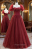 Burgundy Tulle Beaded Long Formal Prom Dresses, A-Line Short Sleeve Formal Dresses