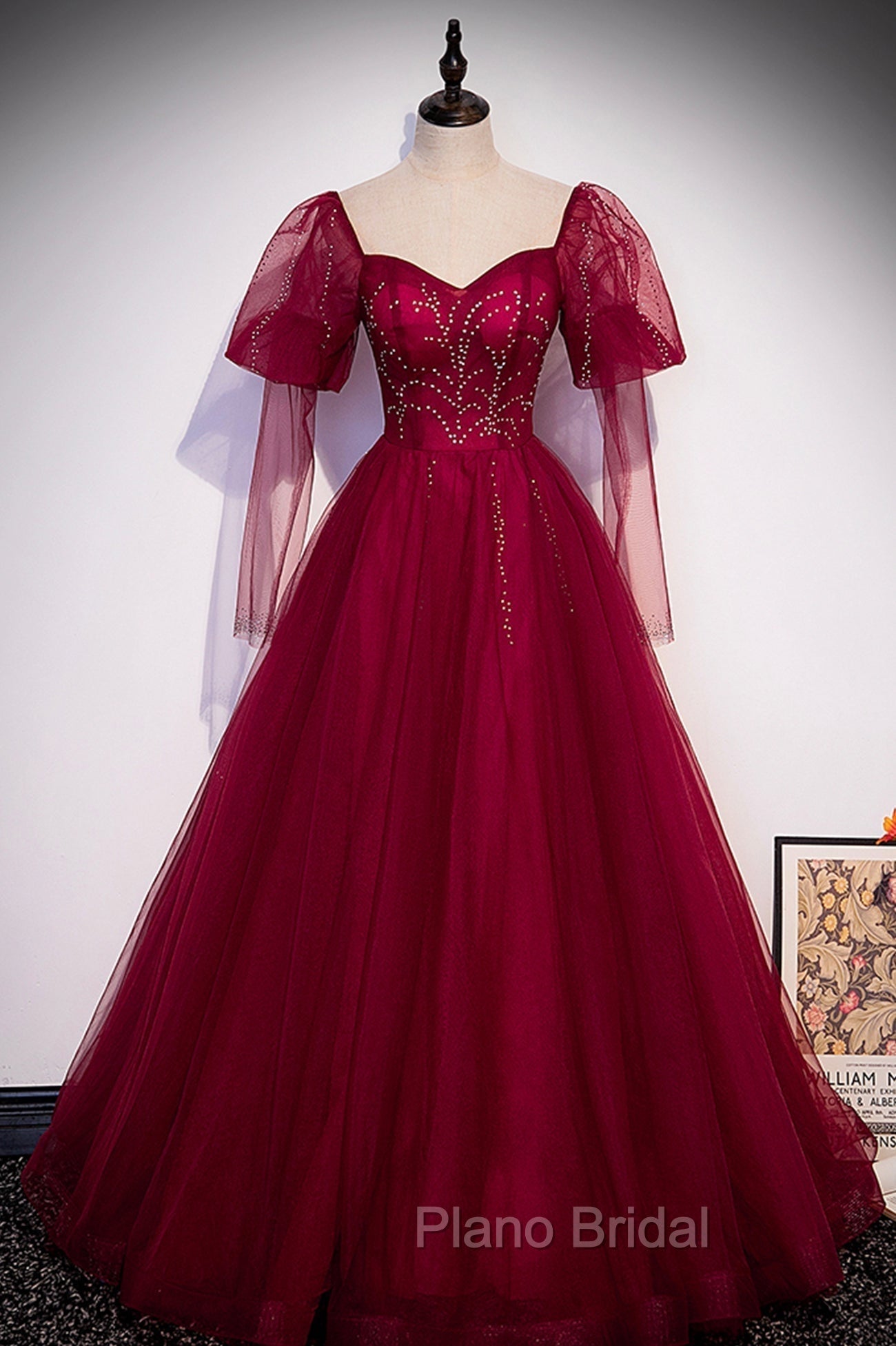 Burgundy Tulle Beaded Long Sleeve Formal Prom Dresses, A-Line Evening Graduation Dresses
